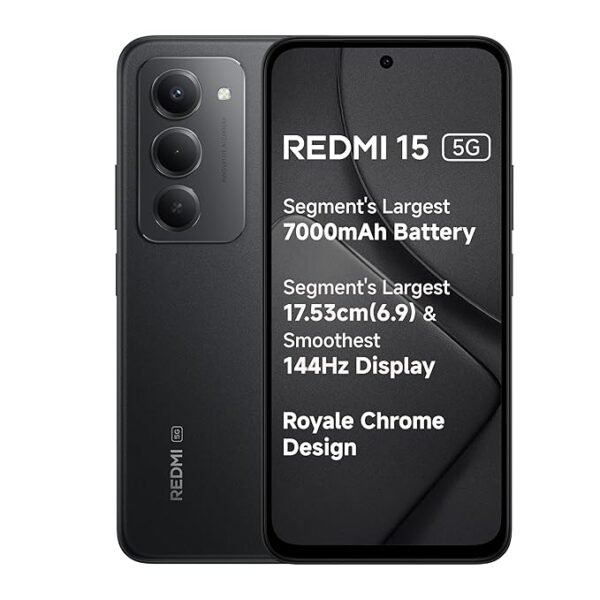 Redmi 15 5G Midnight Black 8GB + 256GB | Segment's Largest 7000mAhA Battery | Segment's Largest Display 17.53cm(6.9) Up to 144Hz | Snapdragon 6s Gen 3 | 18W Reverse Charging | 50MP AI Dual Camera