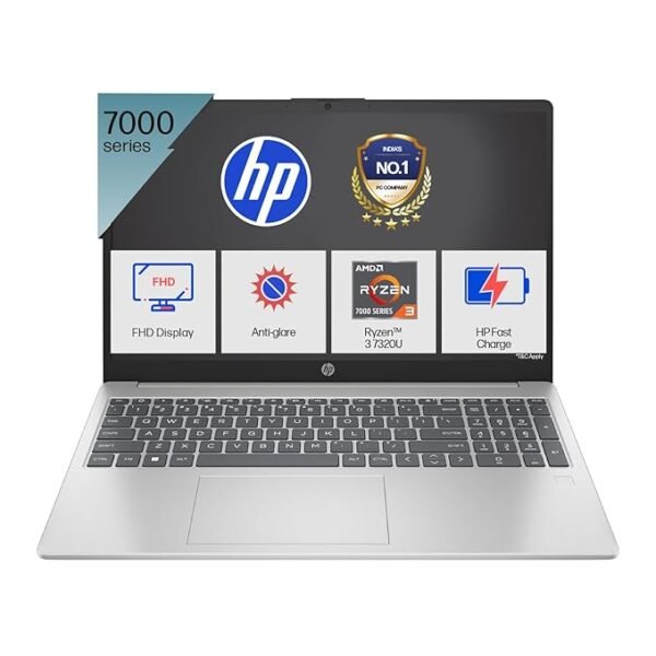 HP 15, AMD Ryzen 3 7320U (8GB LPDDR5, 512GB SSD) FHD, Anti-Glare, Micro-Edge, 15.6"/39.6cm, Win 11, Office 21, Silver, 1.59kg, fc0154AU, AMD Radeon Graphics, 1080p FHD Camera Laptop