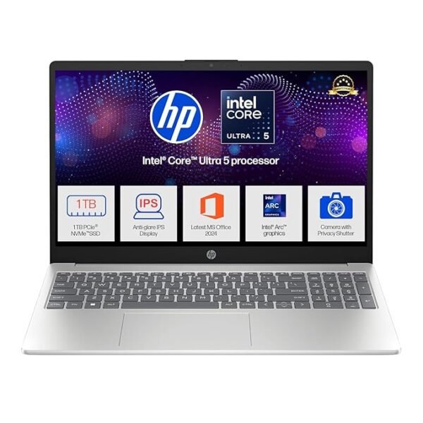 HP 15, Intel Core Ultra 5 125H (16GB DDR5, 1TB SSD) FHD, IPS, 15.6''/39.6cm, Win11, M365 Basic(1yr)*Office24, Silver, 1.65kg, fd1354TU, Intel Arc Graphics, FHD Camera w/Shutter, AI Powered Laptop